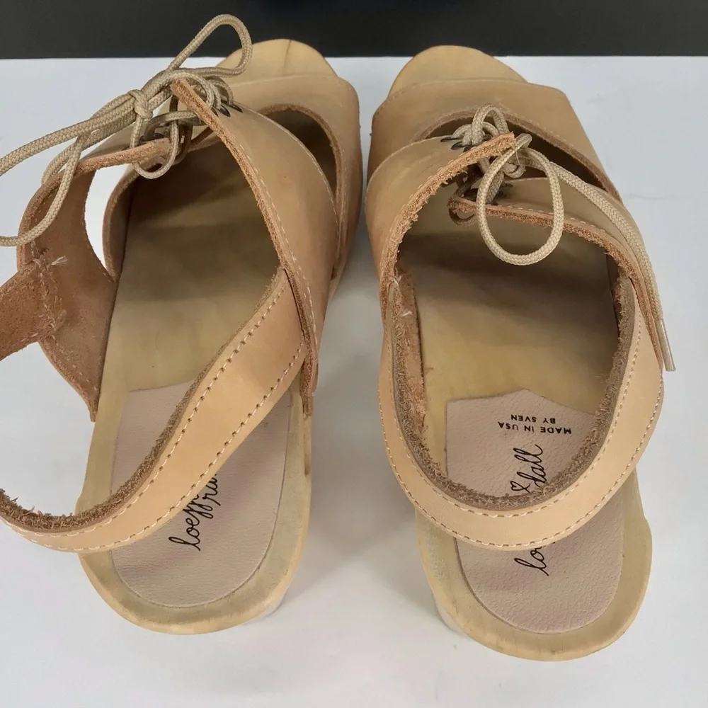 Loeffler Randall Beige Leather Open Toe Block Heel Clog Sandals Size 39 US 8.5